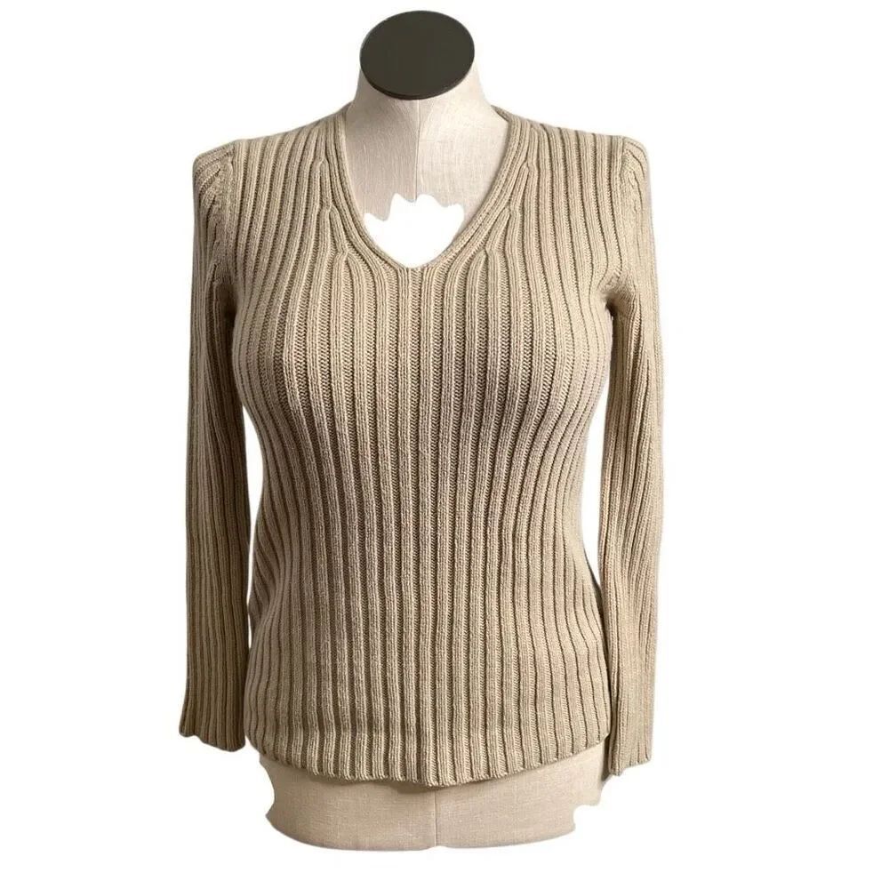 Vintage Express Y2K Ribbed V-Neck Sweater S Tan Beige Preppy 90s Knit Top Retro